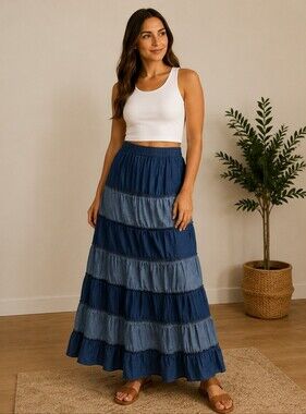 Vintage Y2K 90s Tiered Denim Maxi Skirt Cottagecore Boho Chambray Ruffle S